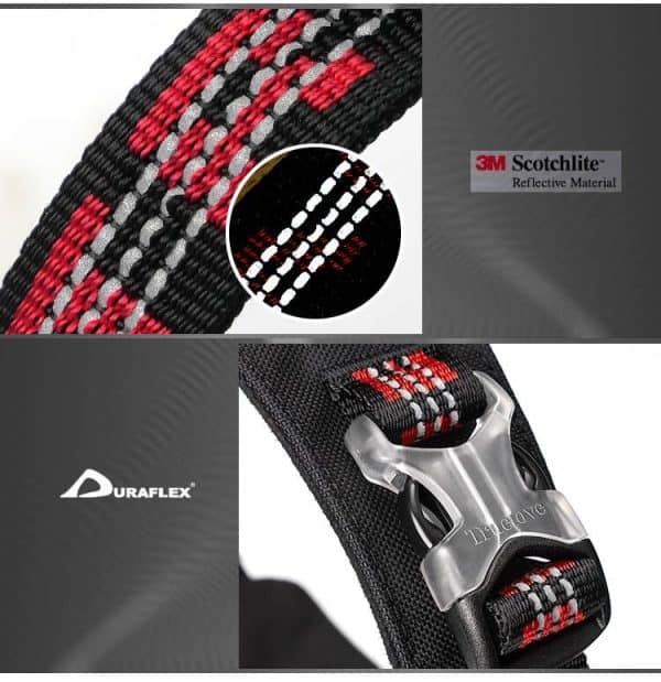 Close-up of the TLH6282 Ultra Light No Pull Harness shows a black and red woven strap with 3M Scotchlite reflective detailing, Duraflex logo, and a sturdy metal buckle engraved “trecore.”.