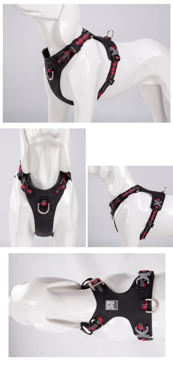 The TLH6282 Ultra Light No Pull Harness in black and red is shown on a white mannequin from various angles, highlighting its adjustable straps, sturdy metal rings, and secure buckles.