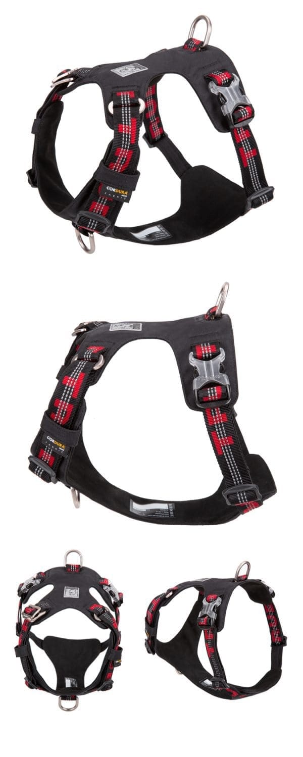 Four views of the TLH6282 Ultra Light No Pull Harness in black and red, featuring metal rings and adjustable straps for safety or sports. The padded harness is shown on a white background.