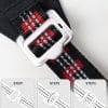 Close-up of the TLH6282 Ultra light no pull harness's black strap with red and gray stitching threaded through a silver buckle. Below, three diagrams labeled Step 1-3 show how to thread the harness strap.