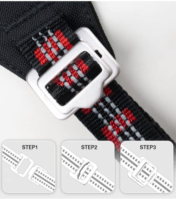 Close-up of the TLH6282 Ultra light no pull harness's black strap with red and gray stitching threaded through a silver buckle. Below, three diagrams labeled Step 1-3 show how to thread the harness strap.