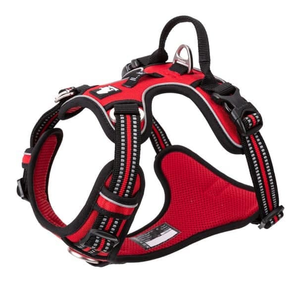 A red and black padded dog harness with reflective stitching, adjustable straps, a sturdy handle on top, buckles, and a metal D-ring for leash attachment.