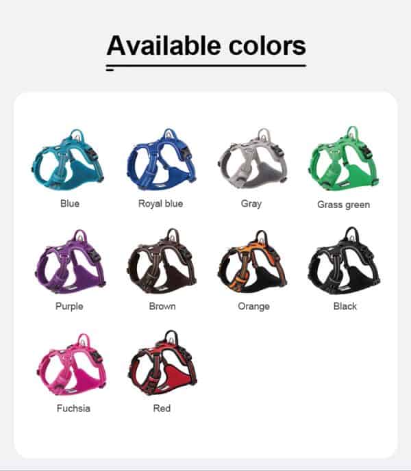 A display of Truelove No pull harness (new)TLH56512 in ten colors—blue, royal blue, gray, grass green, purple, brown, orange, black, fuchsia, and red—each labeled with its color name.