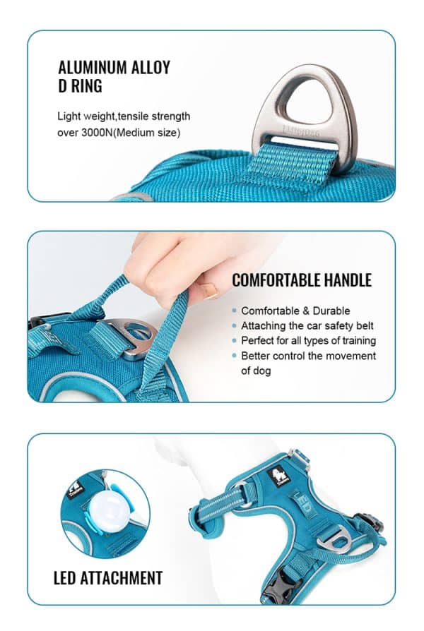 The teal Truelove No Pull Harness (new) TLH56512 has an aluminum alloy D-ring, a control handle, and an LED attachment. Three close-up sections highlight each feature with brief descriptions.