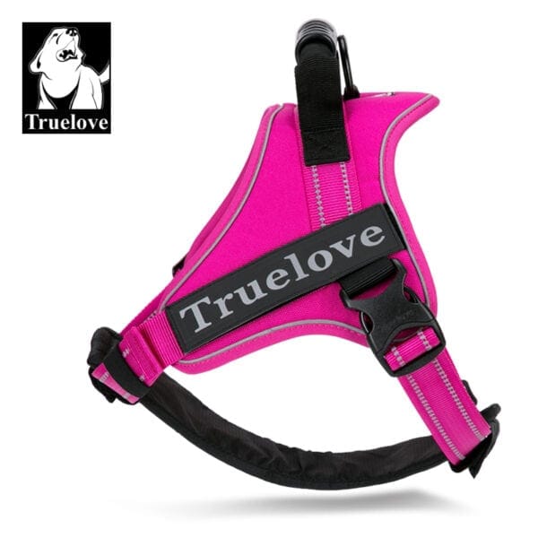 The Truelove Dog Handle Harness | Lightweight, Reflective & Strong is shown in grass fushia on a white background. It features reflective stitching, a sturdy handle, and the Truelove logo with a dog's head in the top left corner.