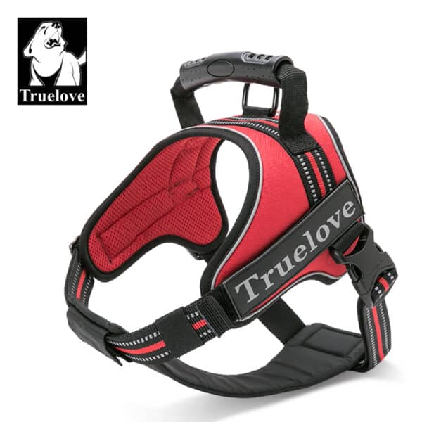 The Truelove Dog Handle Harness | Lightweight, Reflective & Strong is shown in red on a white background. It features reflective stitching, a sturdy handle, and the Truelove logo with a dog's head in the top left corner.