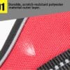 Close-up of the TLH5753 Dog Harness with Handle in red, highlighting a scratch mark on its durable, scratch-resistant polyester outer layer. Text above: "01 Durable, scratch-resistant polyester material outer layer.