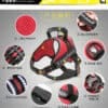 A detailed product analysis image of the red and black TLH5753 Dog Harness with Handle, showing reflective strips, breathable mesh, sturdy handle, adjustable straps, and buckle design with labeled close-up views.