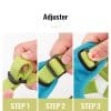 Three close-up images show hands demonstrating how to adjust the TLH5951 Pet harness’s green and blue strap with a black buckle. Steps: 1-loop the strap, 2-slide the buckle, 3-press the strap into place.