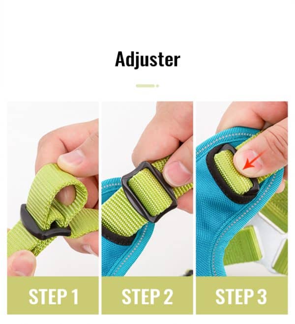 Three close-up images show hands demonstrating how to adjust the TLH5951 Pet harness’s green and blue strap with a black buckle. Steps: 1-loop the strap, 2-slide the buckle, 3-press the strap into place.
