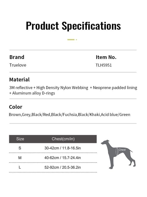 A product specifications chart for the TLH5951 Pet Harness displays the brand "Truelove," item number TLH5951, materials, color options, a measurement-based size chart, and an illustration of how to measure a dog's chest.