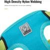 Close-up of the TLH5951 Pet Harness in blue and green with a "Truelove" logo patch. Text above reads "High Density Nylon Webbing—Softer and more durable than standard nylon." Visible stitching and soft texture shown.