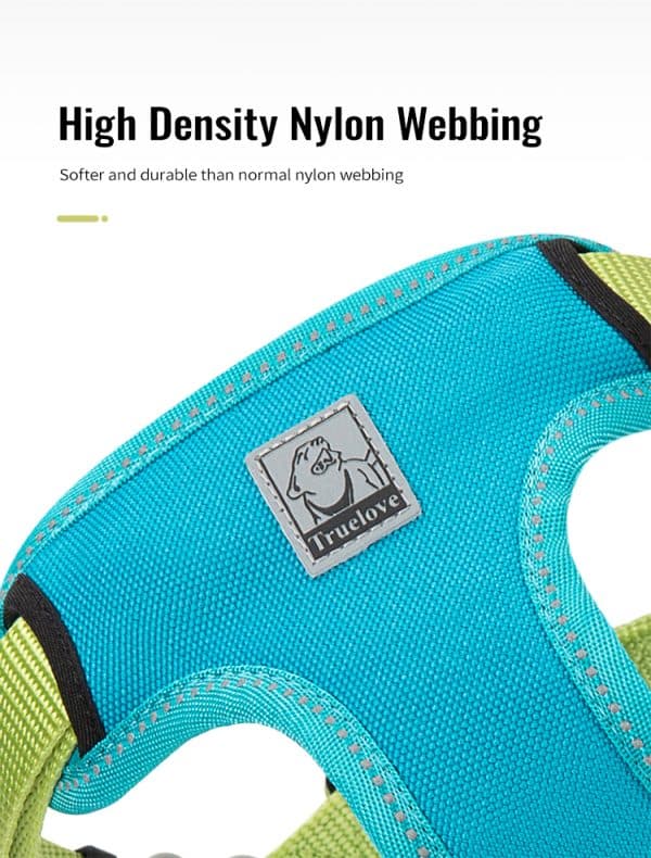 Close-up of the TLH5951 Pet Harness in blue and green with a "Truelove" logo patch. Text above reads "High Density Nylon Webbing—Softer and more durable than standard nylon." Visible stitching and soft texture shown.
