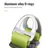 Close-up of two silver aluminum alloy D-rings attached to a green woven strap on the TLH5951 Pet harness. Above, the text reads: "Aluminum alloy D-rings: Rustproof, lightweight & strong.