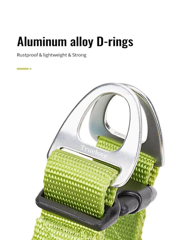 Close-up of two silver aluminum alloy D-rings attached to a green woven strap on the TLH5951 Pet harness. Above, the text reads: "Aluminum alloy D-rings: Rustproof, lightweight & strong.