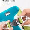 A close-up of hands fastening a black and silver Duraflex buckle with green straps on the TLH5951 Pet harness in blue. Text: "Duraflex buckle – Quick-release & Durable.