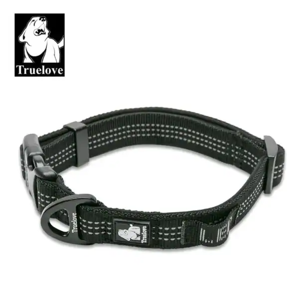 The TLC5271 Dog Collar features black adjustable nylon with reflective stitching, a sturdy buckle, metal leash ring, and the "Truelove" dog logo on the collar and in the top left corner.