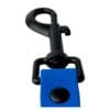 Close-up of a black metal clip on the blue, hexagon-patterned WAVE City Lead 120cm waterproof dog lead with black button, isolated on white background.