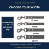 Four WAVE City Leads (120cm) in 13mm, 16mm, 20mm, and 25mm widths are shown vertically on a white background, showcasing premium British dog gear with the option of a durable waterproof dog lead.