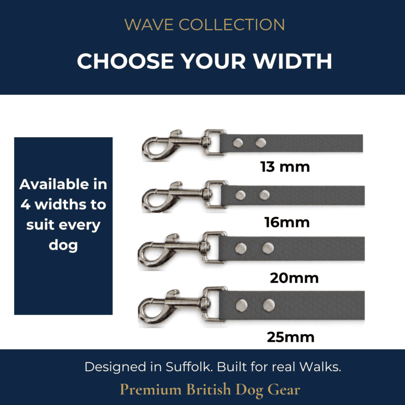 Four WAVE City Leads (120cm) in 13mm, 16mm, 20mm, and 25mm widths are shown vertically on a white background, showcasing premium British dog gear with the option of a durable waterproof dog lead.