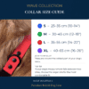 Guide to WAVE Waterproof Dog Collar sizes: S (25–35 cm), M (30–45 cm), L (35–55 cm), and XL (40–65 cm). Features a dog wearing a red, waterproof WAVE collar with a quick release buckle. Includes measurement tips.