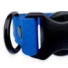 Close-up of the Wave Waterproof Dog Collar with a blue hexagonal pattern, quick release buckle, large black metal ring, and available in 16mm, 20mm, or 25mm widths.