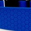 Close-up of the Wave Waterproof Dog Collar with quick release buckle, available in 16mm, 20mm, and 25mm widths; features a blue hexagonal honeycomb pattern, set against a background with black and white areas.