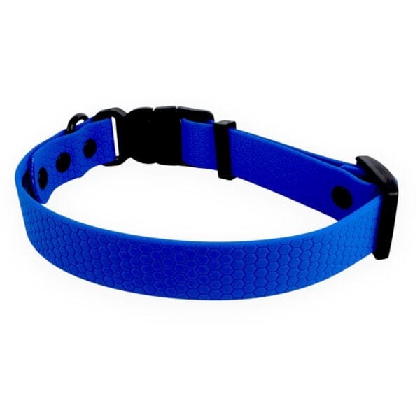 The WAVE collection Waterproof Dog Collar (16mm, 20mm, 25mm) with hexagonal texture, quick release buckle, and adjustable strap is shown in blue, arranged circularly on a white background.