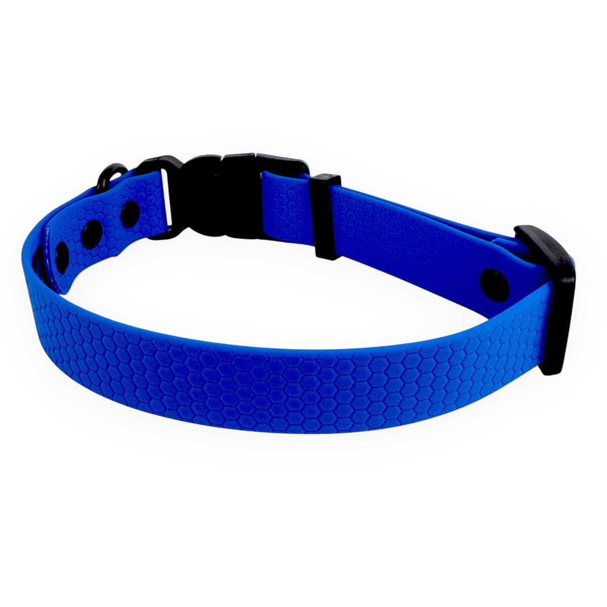 The WAVE collection Waterproof Dog Collar (16mm, 20mm, 25mm) with hexagonal texture, quick release buckle, and adjustable strap is shown in blue, arranged circularly on a white background.