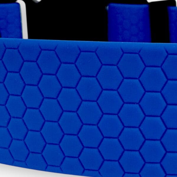 Close-up of the Wave Waterproof Dog Collar with quick release buckle, available in 16mm, 20mm, and 25mm widths; features a blue hexagonal honeycomb pattern, set against a background with black and white areas.