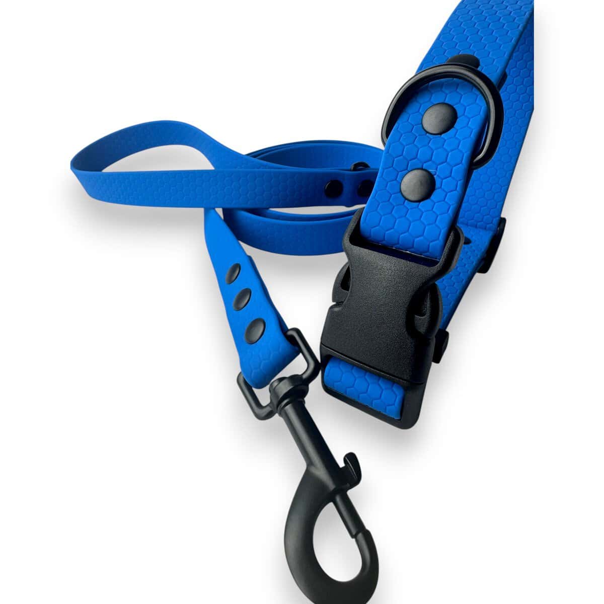 The Wave Waterproof Dog Collar with Quick Release Buckle, available in 16mm, 20mm, and 25mm sizes, is shown in blue with a textured finish and metal lead clip on a white background.