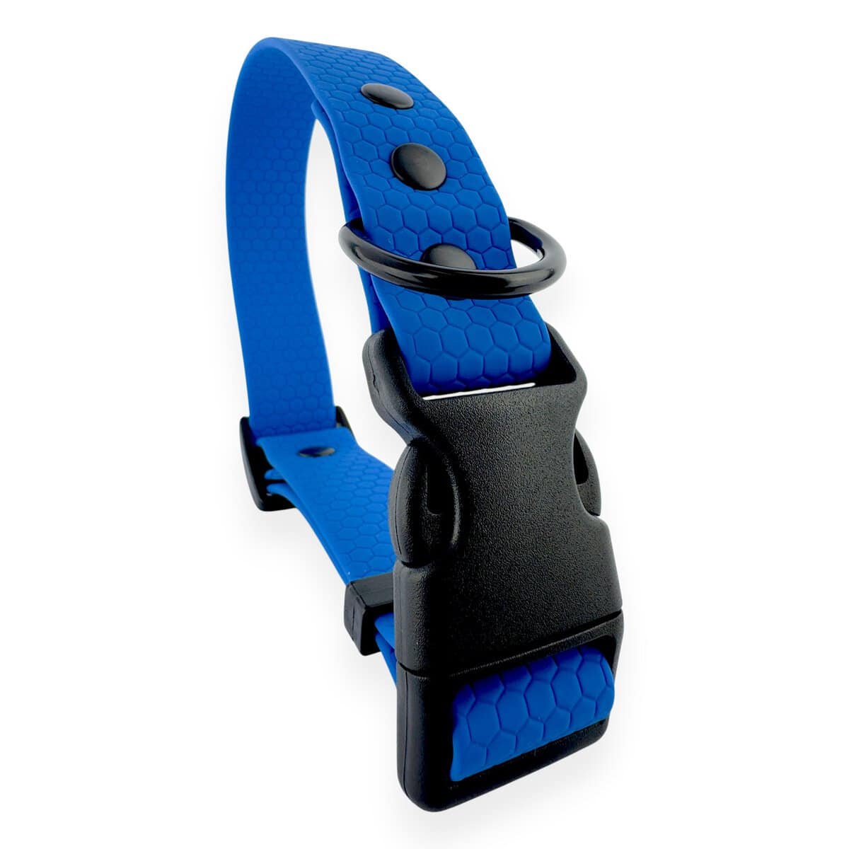 The Wave Waterproof Dog Collar with Quick Release Buckle (16mm, 20mm, 25mm) features a blue hexagon texture, black metal D-ring, and black plastic fittings, displayed upright on a white background.