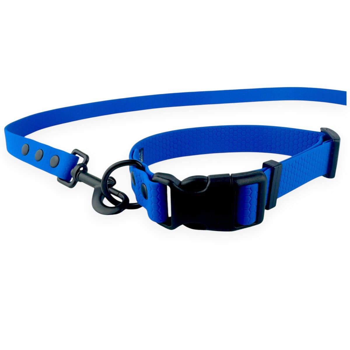 The Wave Waterproof Dog Collar with Quick Release Buckle (16mm, 20mm, 25mm) in blue and matching lead set with durable metal fittings is shown on a white background.