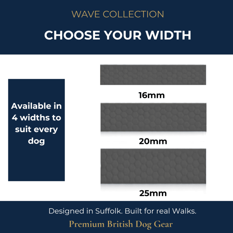 Three WAVE Waterproof Dog collars, each expertly crafted to complement your favourite dog lead, are shown in widths of 16mm, 20mm, and 25mm on a dark background. Text highlights available sizes and premium British dog gear branding—every collar features a waterproof finish and quick release buckle for ultimate convenience and durability.