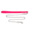 pink handle biothane® webbing Chain Lead For Dogs 120cm lies extended against a black background. This bio-chain lead features a sturdy metal clasp at one end and three sleek metallic button fasteners on the handle.