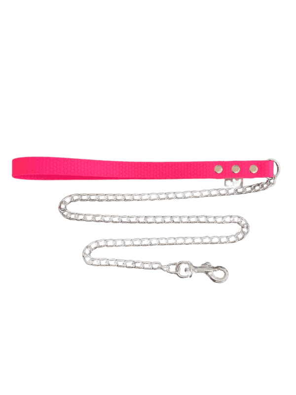 pink handle biothane® webbing Chain Lead For Dogs 120cm lies extended against a black background. This bio-chain lead features a sturdy metal clasp at one end and three sleek metallic button fasteners on the handle.