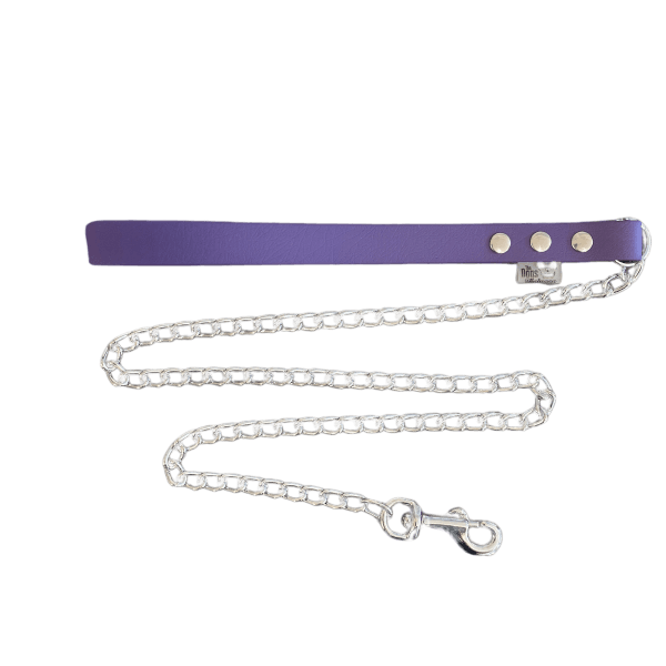 A PURPE handle biothane® webbing Chain Lead For Dogs 120cm lies extended against a black background. This bio-chain lead features a sturdy metal clasp at one end and three sleek metallic button fasteners on the handle.