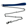 A ROYAL BLUE handle waterproof webbing Chain Lead For Dogs 120cm lies extended against a black background. This bio-chain lead features a sturdy metal clasp at one end and three sleek metallic button fasteners on the handle.