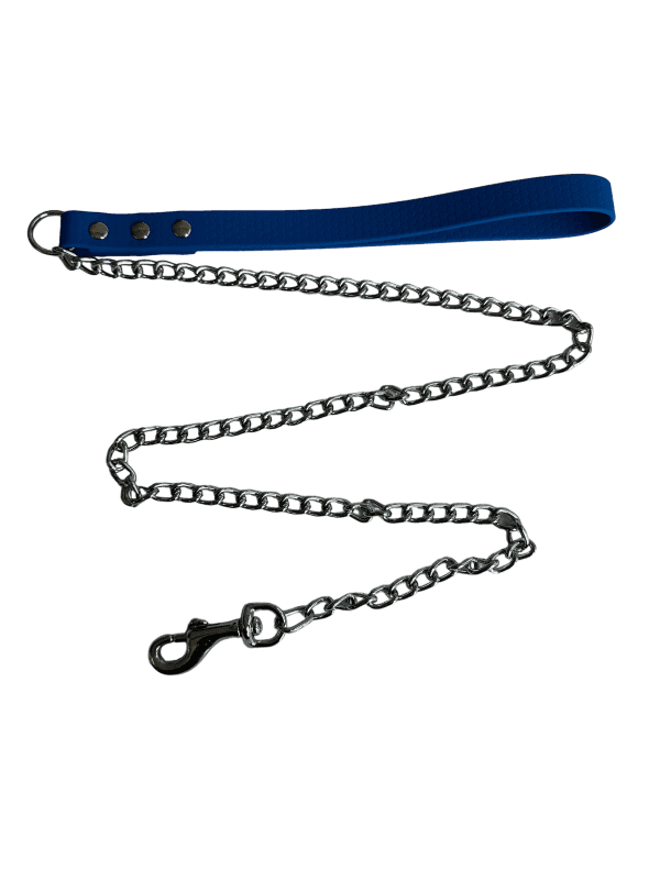A ROYAL BLUE handle waterproof webbing Chain Lead For Dogs 120cm lies extended against a black background. This bio-chain lead features a sturdy metal clasp at one end and three sleek metallic button fasteners on the handle.