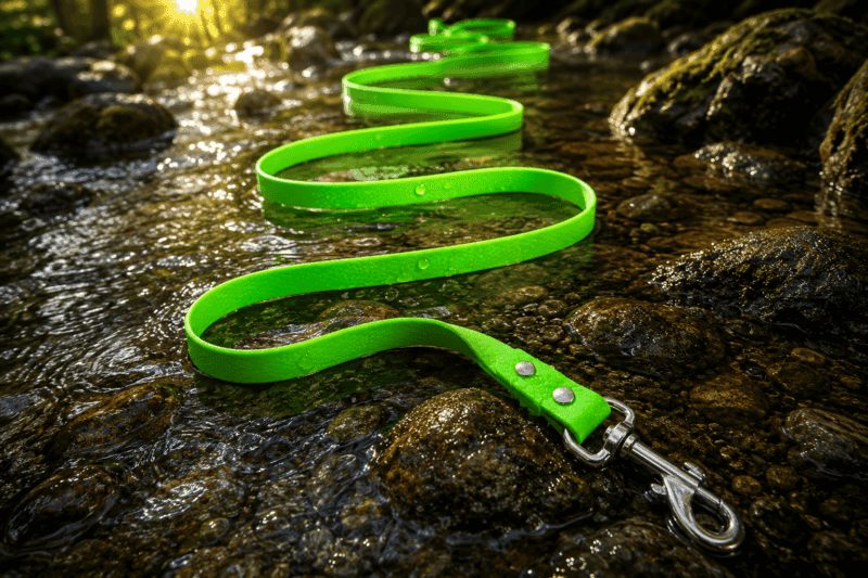 A WAVE – Long line, in bright green and designed to be waterproof, lies in a zigzag pattern across wet rocks in a shallow stream, with sunlight shining in the background.