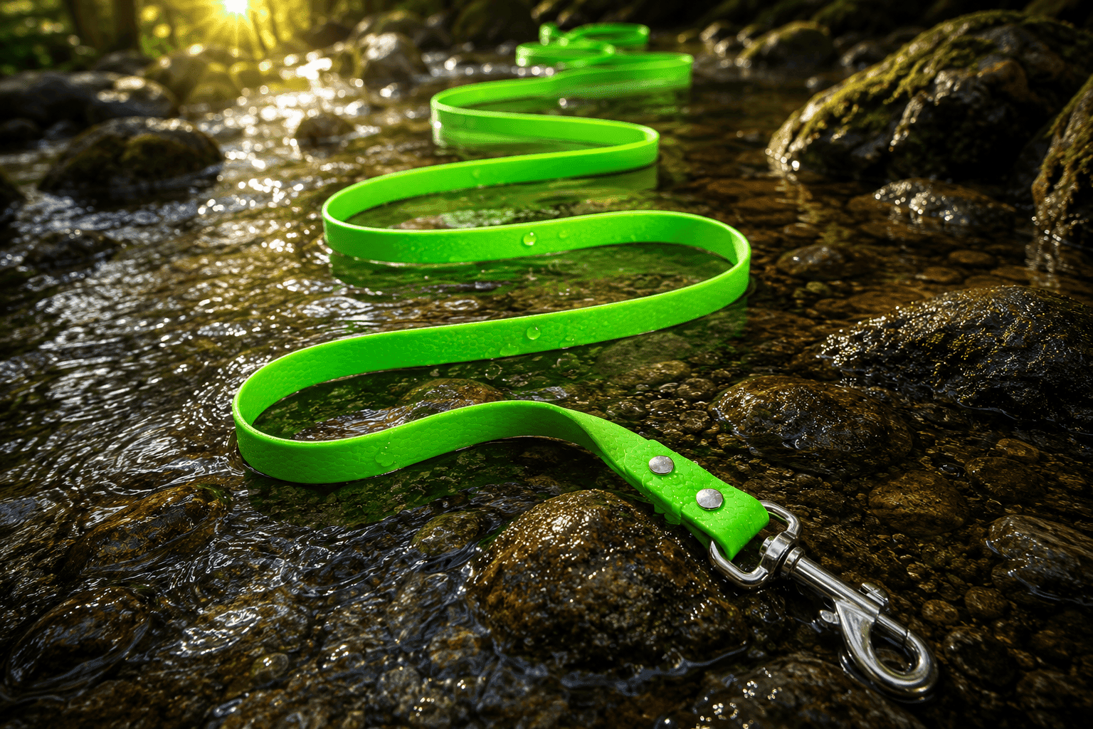 A WAVE – Long line, in bright green and designed to be waterproof, lies in a zigzag pattern across wet rocks in a shallow stream, with sunlight shining in the background.