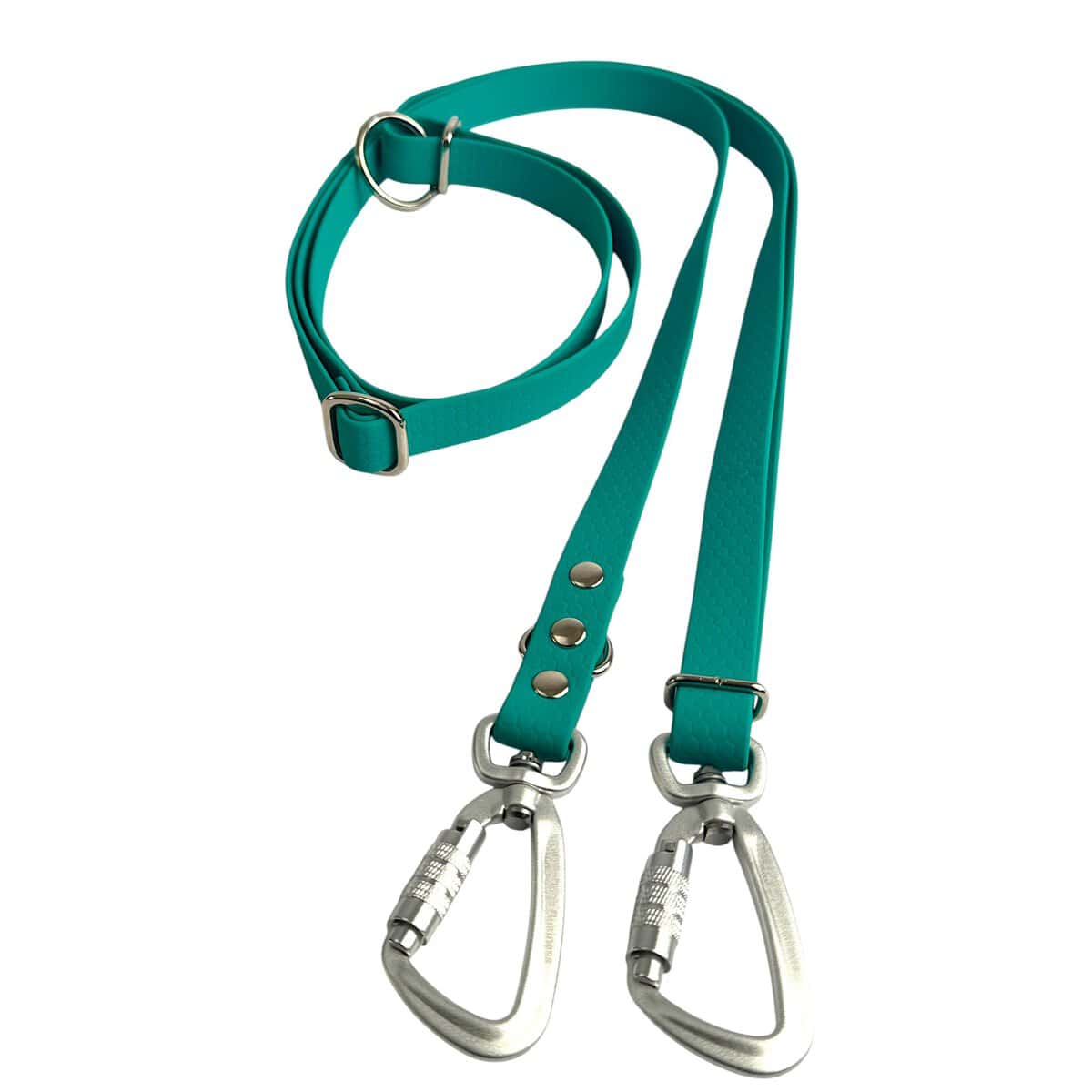 The WAVE 8-in-1 Hands-Free Waterproof Adjustable Dog Lead (2.5m) in teal features a durable, flexible design with steel carabiner clips, adjustable buckle, and three metal rivets for security.