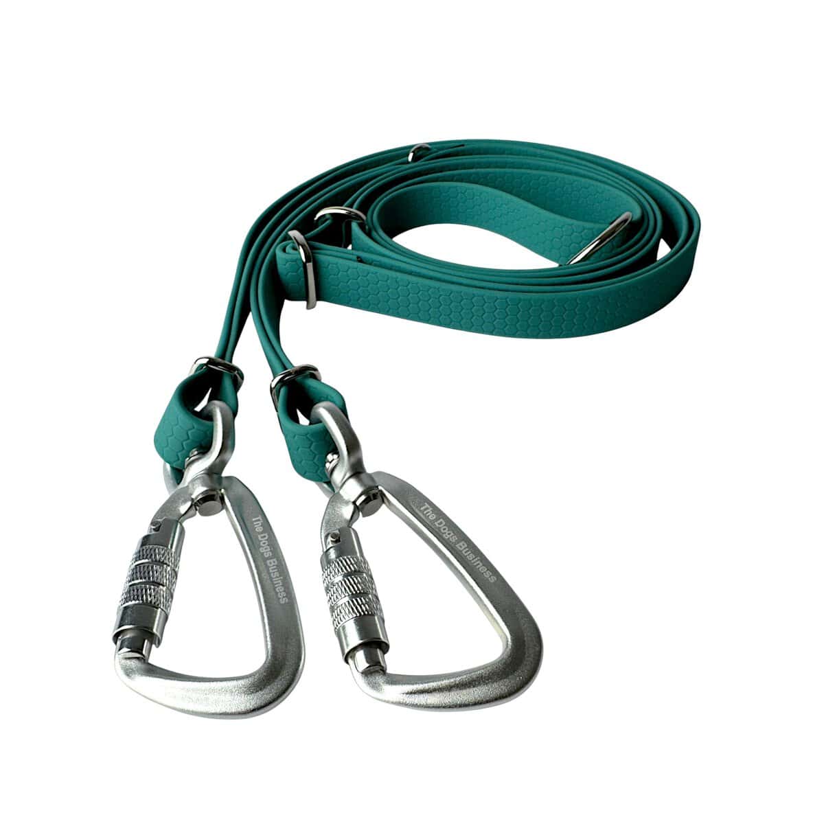The WAVE Hands-Free Lead in teal features two silver metal carabiner clips at each end. The multifunctional, adjustable dog lead is neatly coiled and displayed on a white background.