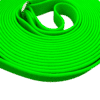 A coiled WAVE - Long line, a bright green waterproof training lead featuring a metal ring, is laid out in a spiral pattern against a white background.