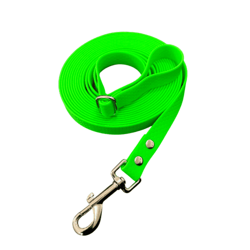 WAVE - Long line bright green waterproof training dog lead featuring a metal clip and rivets, coiled neatly on a white background.