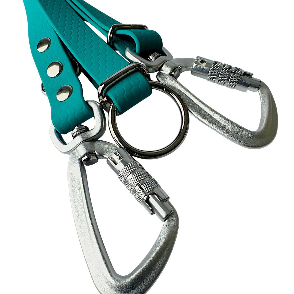 The WAVE 8-in-1 Hands-Free Waterproof Adjustable Dog Lead – 2.5m features two teal textured straps with large silver metal carabiners and a circular ring, designed for multifunctional use, shown against a white background.