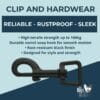 A black swivel snap hook clip is featured on the Waterproof Double-Ended Dog Leash (Adjustable, 1.8m), boasting high-tensile strength up to 166kg, a durable rust-resistant finish, and stylish design. "The Dogs Business" logo appears in the corner.