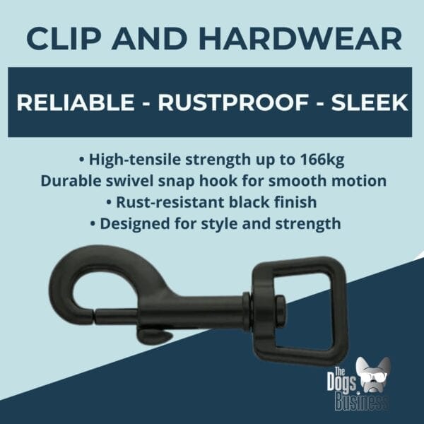 A black swivel snap hook clip is featured on the Waterproof Double-Ended Dog Leash (Adjustable, 1.8m), boasting high-tensile strength up to 166kg, a durable rust-resistant finish, and stylish design. "The Dogs Business" logo appears in the corner.