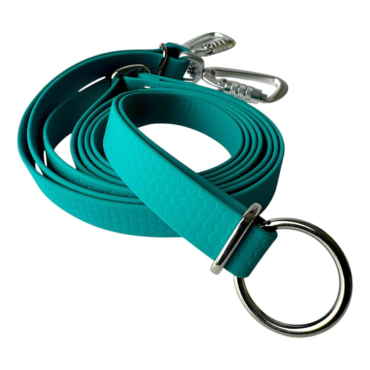 The WAVE 8-in-1 Hands-Free Waterproof Adjustable Dog Lead – 2.5m in teal, showcasing a hexagonal texture, metal ring, and silver clasp, is coiled neatly against a white background.