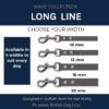 Four grey "WAVE – Long line" dog leads of varying widths (10mm, 13mm, 16mm, 20mm) with metal clips are displayed on a navy background. Featured as waterproof training long lines, they showcase four width options for dogs.